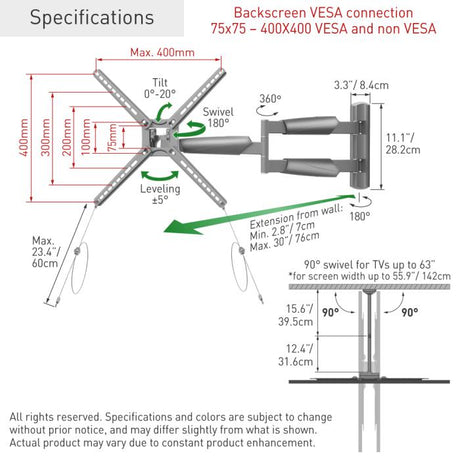 Suport TV perete pentru exterior Barkan 4move OD XLong, pentru display-uri cu diagonala 13"-65", suporta pana la 36kg, cu reglare in 4 axe, VESA 75x75 - 400x400, gri