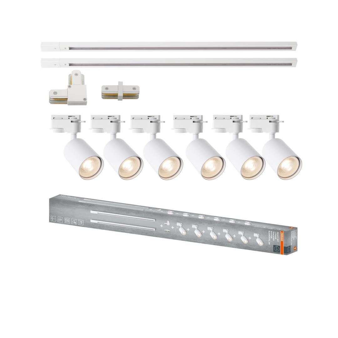Sistem complet TRACKLIGHT OSRAM Elemental cu 6 proiectoare cu soclu GU10 si 2 sine monofazate de 1 metru, 1 conector liniar, 1 conector tip L, Alb