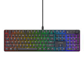 Tastatura mecanica Trust GXT 866 Torix cu fir, swtich linear, 104 butoane, full RGB, butoane programabile, tipuri de jocuri FPS, MMO, MOBA, RPG, RTS, negru