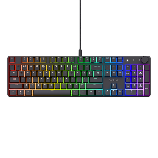 Tastatura mecanica Trust GXT 866 Torix cu fir, swtich linear, 104 butoane, full RGB, butoane programabile, tipuri de jocuri FPS, MMO, MOBA, RPG, RTS, negru