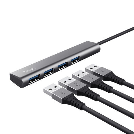 HUB USB Trust Halyx, USB-A la 4 x USB-A 3.2 Gen 1, dimensiune cablu 10cm, din aluminiu, argintiu