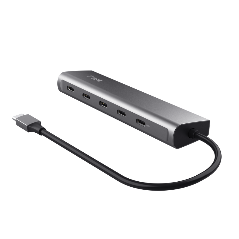 Hub Trust Halyx, 5 porturi USB-C 3.2 gen 1: 1 USB-C 100W PD port / 4 USB-C data ports, USB PD 3.0, gri