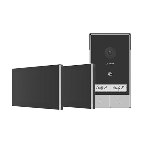 KIT VIDEINTERFON EZVIZ HP7 2-ENTRY, Senzor imagine: 1/2.7" Progressive Scan CMOS, Rezolutie 2K (2048x1296), Lentila: 2.0 mm @ F2.2, view angle: 162° (Diagonal) IR 6M, Compresie: H.265 / H.264 Ecran interior: 7 "touch screen, 1024x600 Conexiune: 2xFire ( Maxim 4 fire ), Conectivitate: IEEE802.11b