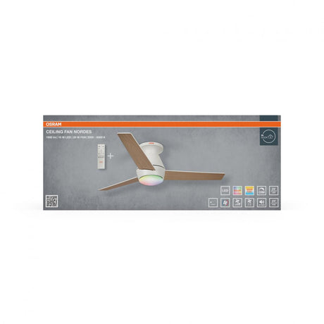 Plafoniera LED CCT cu ventilator Osram Nordes cu Telecomanda, 38W, 1900lm, lumina alba si color (3000-6500K), dimabila, IP20, max 5580 m³/h, timer 1h-4h-8h Lemn