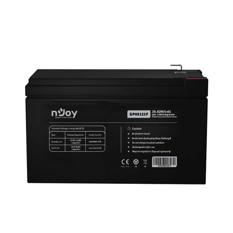 ACUMULATOR NJOY GP09122F 12V Tip VRLA AGM Terminale F2 Durata teoretica de viata in mod asteptare pana la 5 ani Cycle Use 14.4V-15.0V (-30mV/C), max. Current: 2.7A Float Use 13.5-13.8V (-20 mV/C) https://www.njoy.global/product/gp09122f?el=resources