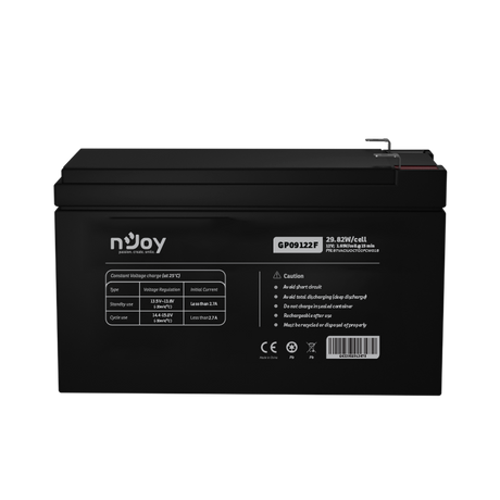 ACUMULATOR NJOY GP09122F 12V Tip VRLA AGM Terminale F2 Durata teoretica de viata in mod asteptare pana la 5 ani Cycle Use 14.4V-15.0V (-30mV/C), max. Current: 2.7A Float Use 13.5-13.8V (-20 mV/C) https://www.njoy.global/product/gp09122f?el=resources
