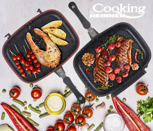 TIGAIE DUBLA DREPTUNGHIULARA TIP GRILL, ALUMINIU, 36x24x7.5 CM,DARK LINE CLASSIC,COOKING  BY HEINNER