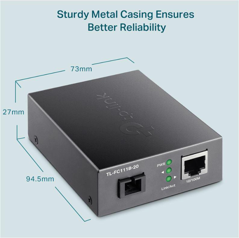 "10/100 Mbps RJ45 to 100 Mbps Single-mode SC WDM Bi-Directional Fiber Converter PORT: 1× 100Mbps SC Port, 1× 10/100M RJ45 Port (Auto MDI/MDIX) SPEC: Full-duplex, Tx:1310 nm, Rx:1550 nm, Up to 20 km, Chassis TL-FC1420 Rack-mountable"