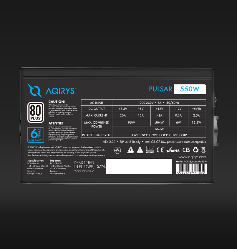 Sursa Aqirys Pulsar 550W 80+ White certified, culoare neagra